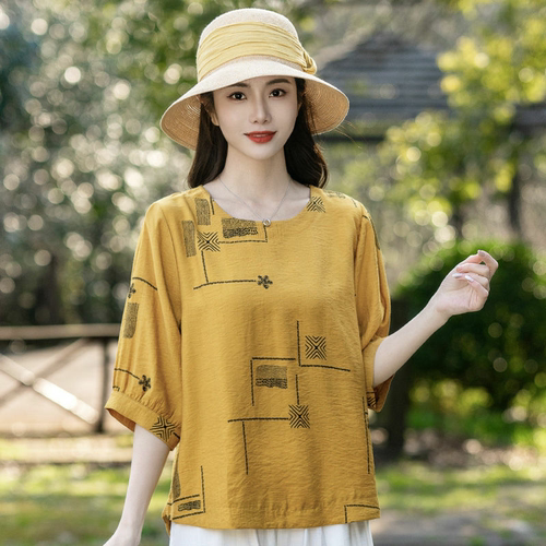 妈妈夏装棉麻T恤中袖圆领印花小衫大码中老年女装宽松遮肚子上衣