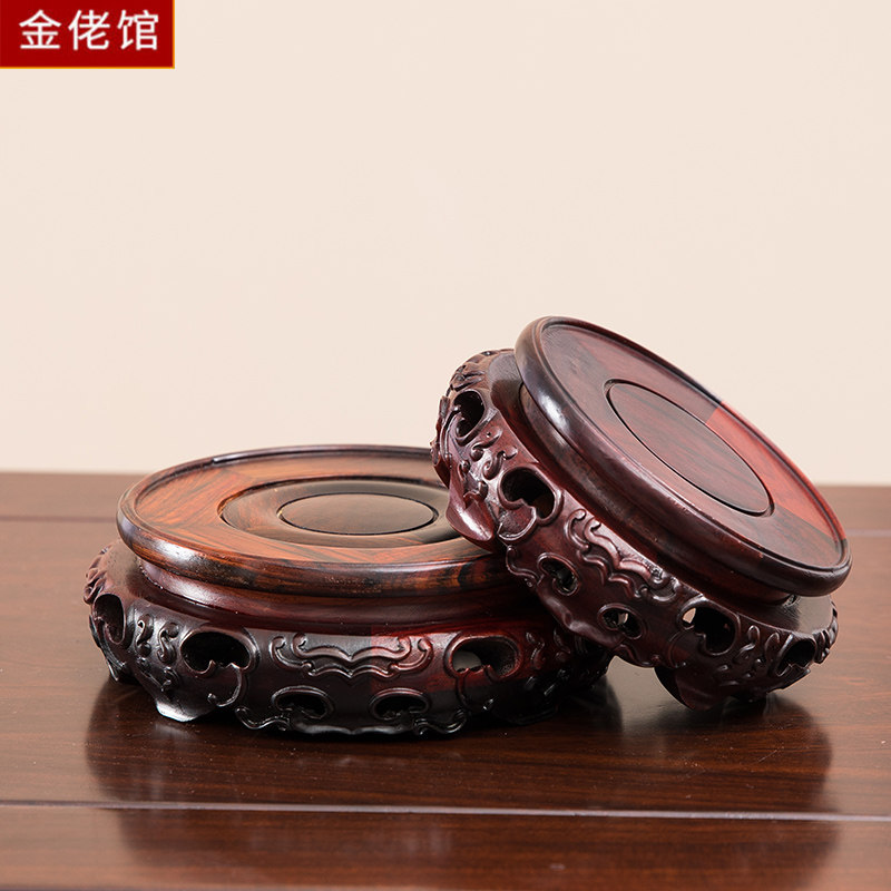 大红酸枝圆形底座实木花瓶盆景奇石工艺品摆件可旋转底座托架