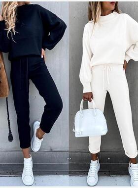 2021秋冬新款亚马逊Ebay速卖通高领长袖口袋长裤休闲两件套卫衣女