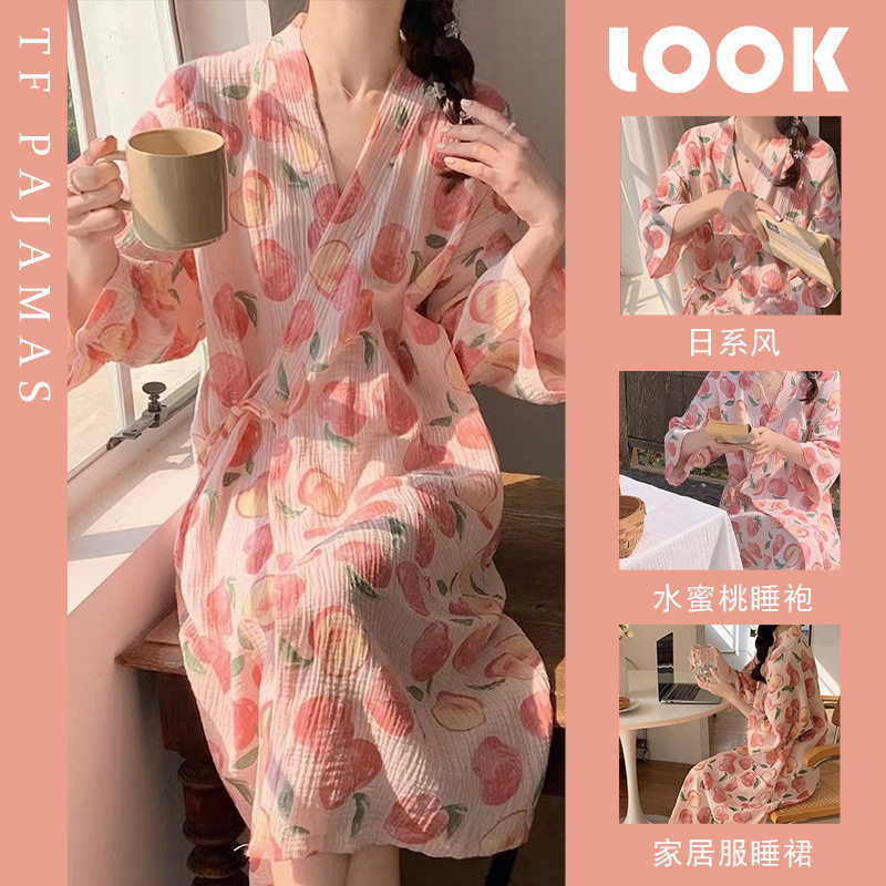睡袍春秋款女纯棉纱布蜜桃夏季浴袍日式和服浴衣女款睡裙夏款睡衣