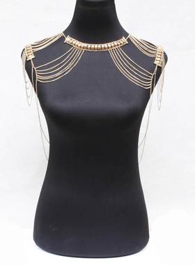 新款外贸原单 欧美个性夸张重金属质感流苏项链双肩链身体链条