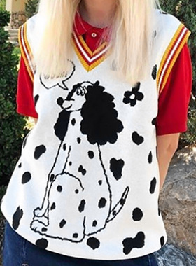 2022Autumn loose sweater sleeveless vest小狗动物提花背心毛衣