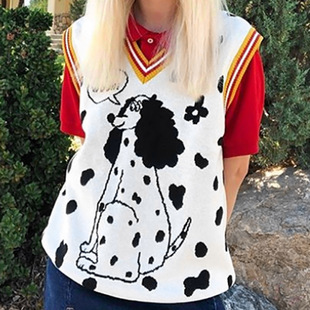 2022Autumn loose sweater sleeveless vest小狗动物提花背心毛衣