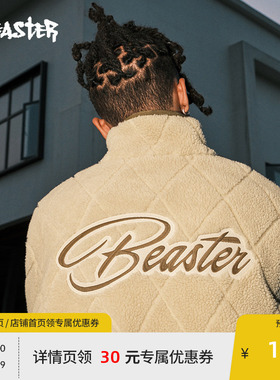 BEASTER菱形手写字刺绣仿羊羔绒外套男冬棉服25新款保暖立领夹克
