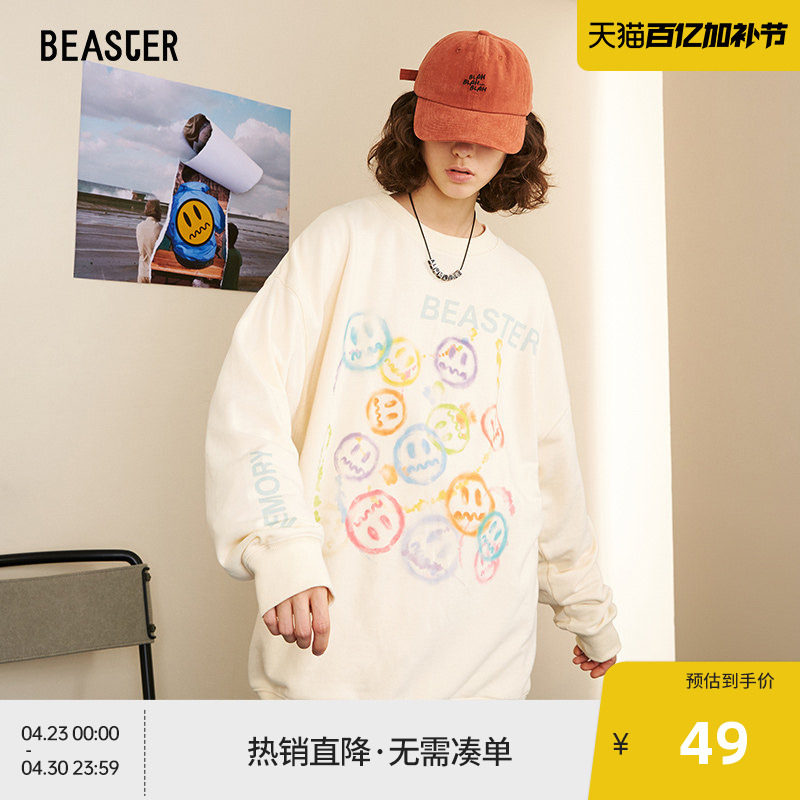 BEASTER奥莱笑脸套头舒适潮宽松印花字母图案圆领长袖卫衣