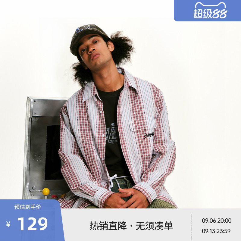 BEASTER点缀刺绣图案格纹长袖衬衫男休闲条纹拼接衬衣外套图片