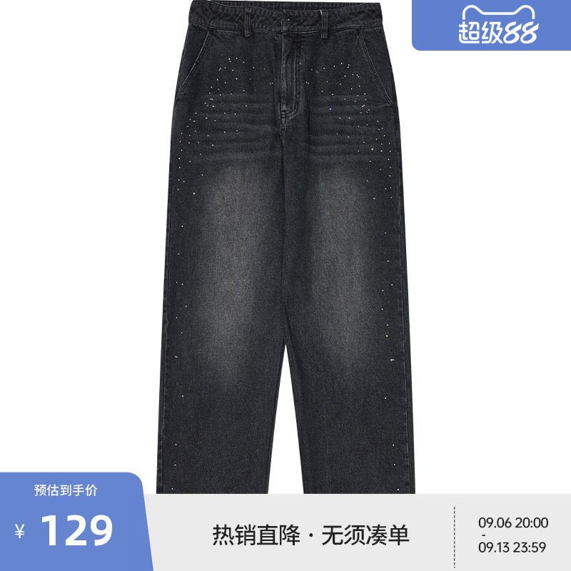 BEASTER做旧复古水洗烫钻牛仔裤男美式潮流百搭直筒长裤图片