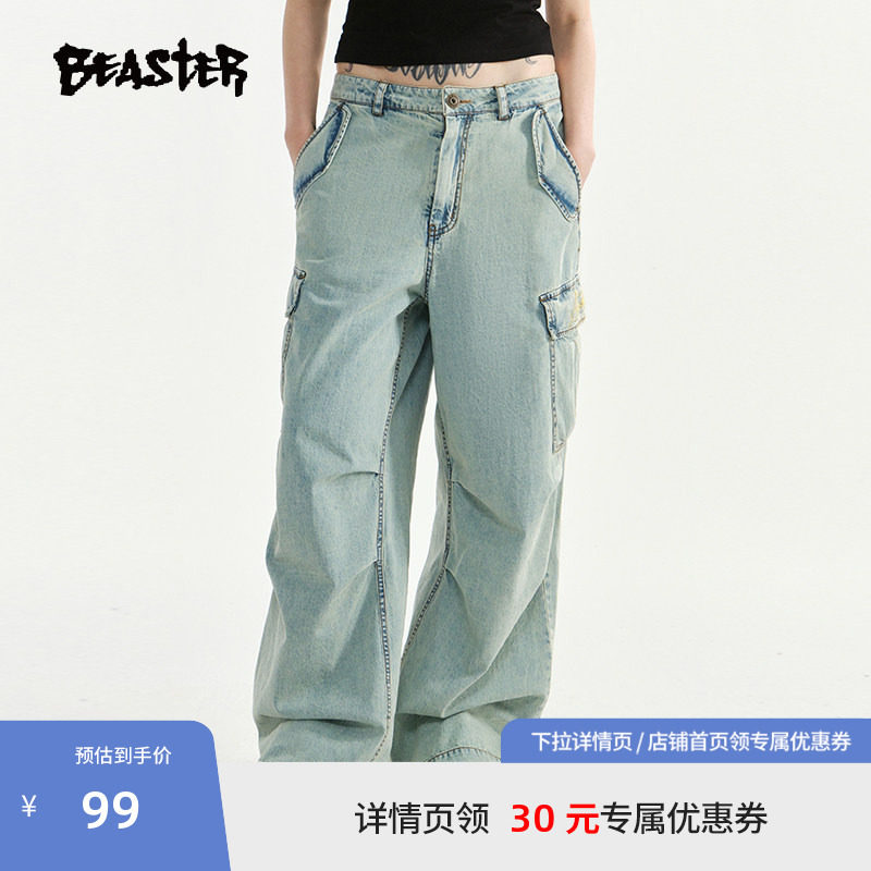 BEASTER大口袋刺绣牛仔裤夏新款纯棉抽绳束脚工装裤