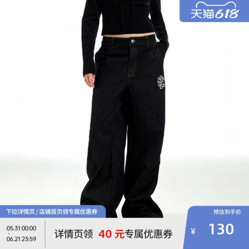 BEASTER刺绣图案黑色直筒牛仔裤男美式水洗宽松新款复古长裤