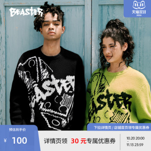BEASTER奥莱骰子提花针织衫男秋新款荧光绿色圆领慵懒高街毛衣女