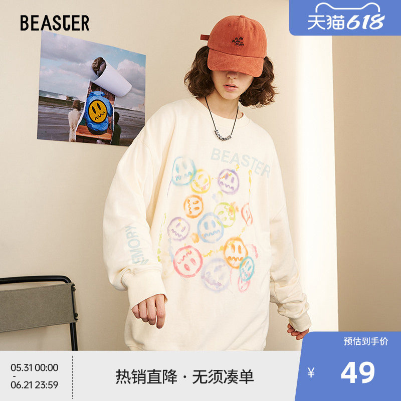 BEASTER奥莱笑脸套头舒适潮宽松印花字母图案圆领长袖卫衣
