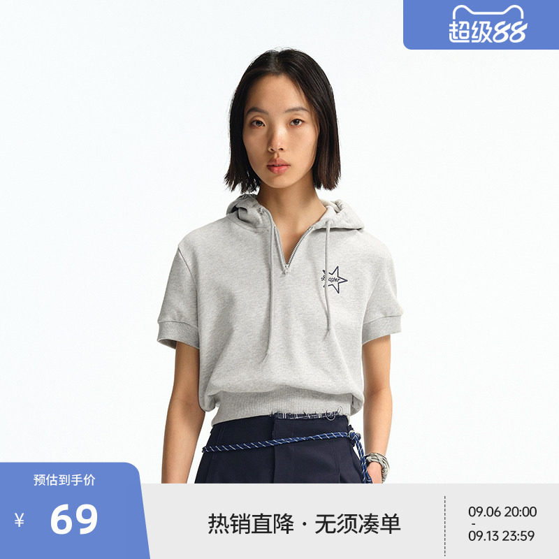 BEASTER重磅包针刺绣图案短袖卫衣女百搭新款半开领短款上衣图片