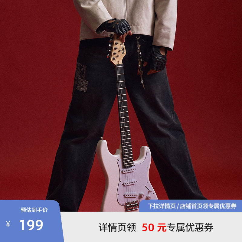 BEASTER腰果花贴布牛仔裤男美式直筒长裤25年夏新款百搭刺绣图案图片
