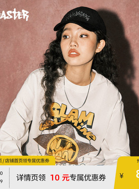 BEASTER鬼脸长袖t恤男华丽金矿闪粉印花美式情侣重磅上衣女
