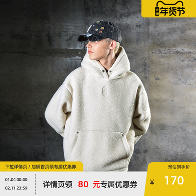 【beaster fe】金属logo仿羊羔毛连帽卫衣男美式休闲宽松新款上衣