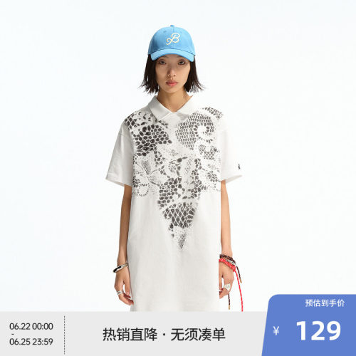 BEASTER微磨毛感印花图案连衣裙直筒纯棉百搭时尚新款白色裙子