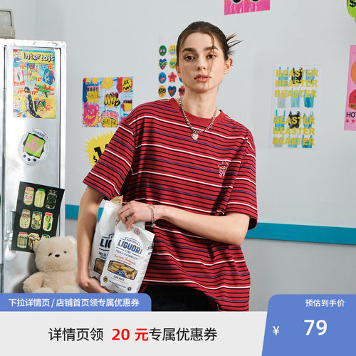 BEASTER条纹宽松柔软短袖T恤男夏季新款星星印花贴肤情侣上衣女