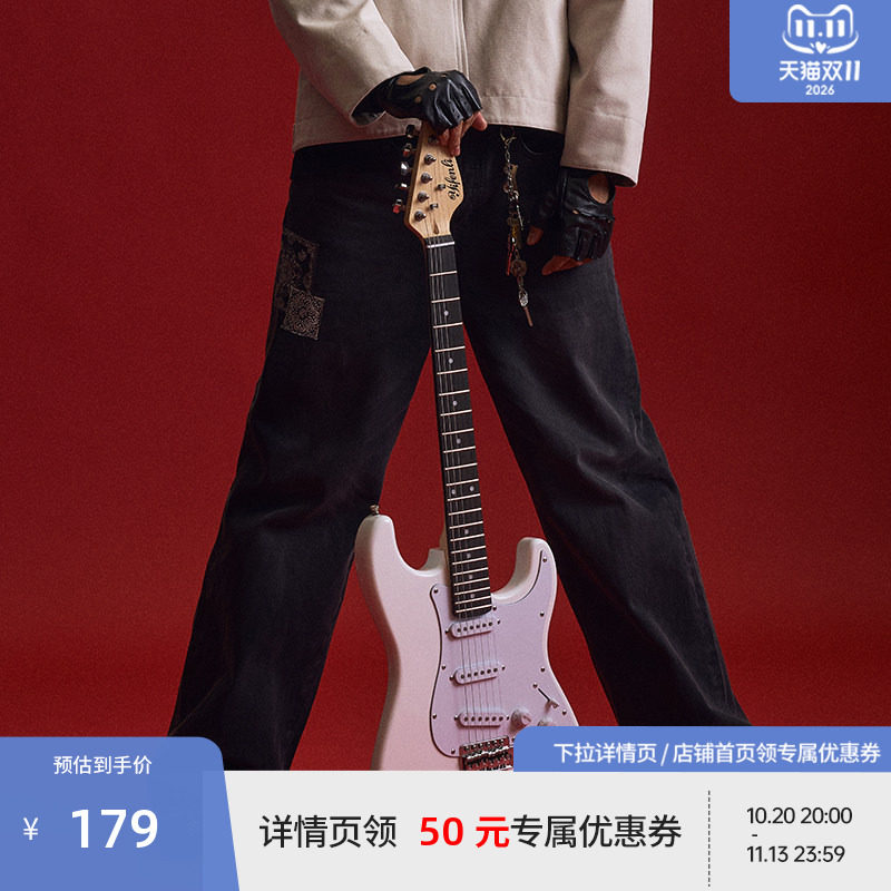 BEASTER腰果花贴布牛仔裤男美式直筒长裤25年夏新款百搭刺绣图案