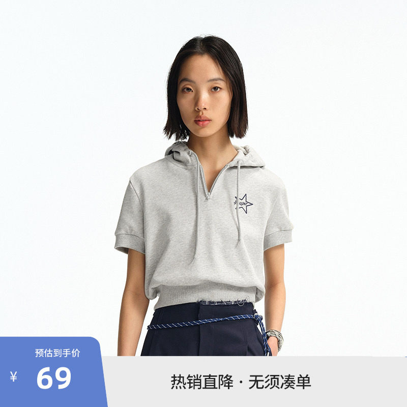 BEASTER重磅包针刺绣图案短袖卫衣女百搭新款半开领短款上衣图片