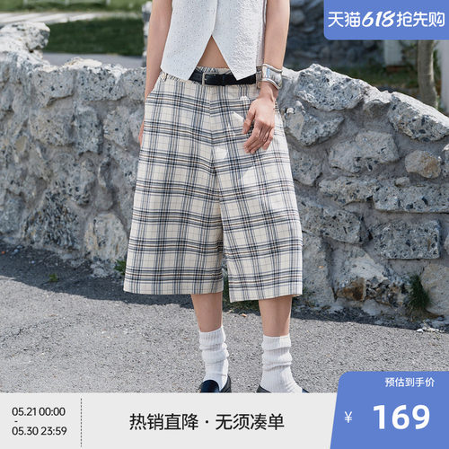 BEASTER复古格子短裤女25夏百搭薄款扶桑花刺绣阔腿休闲七分裤子