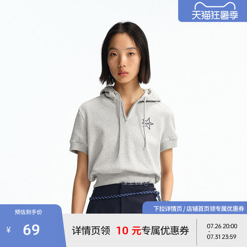 BEASTER重磅包针刺绣图案短袖卫衣女百搭新款半开领短款上衣