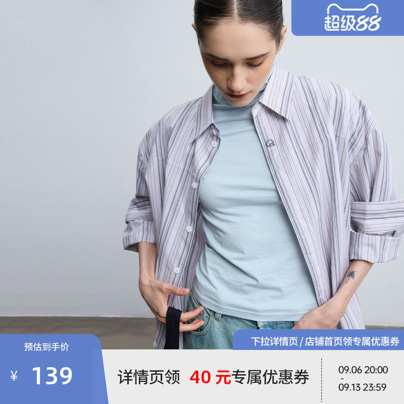 BEASTER复古条纹长袖衬衫男女情侣秋宽松休闲百搭设计感外套上衣图片