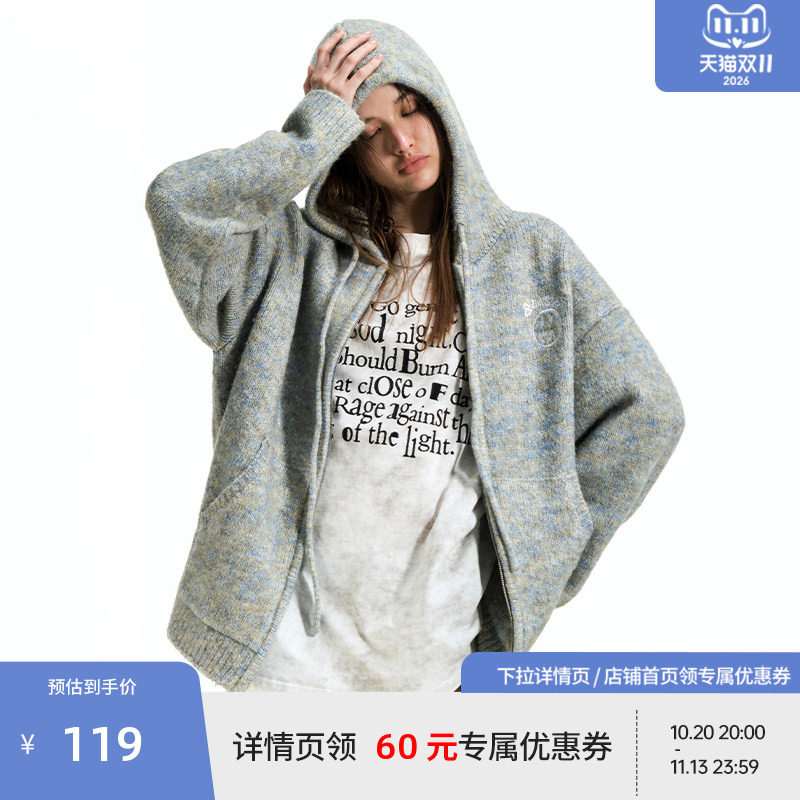 BEASTER鬼脸刺绣图案连帽针织开衫男秋季新款宽松复古毛衣外套女