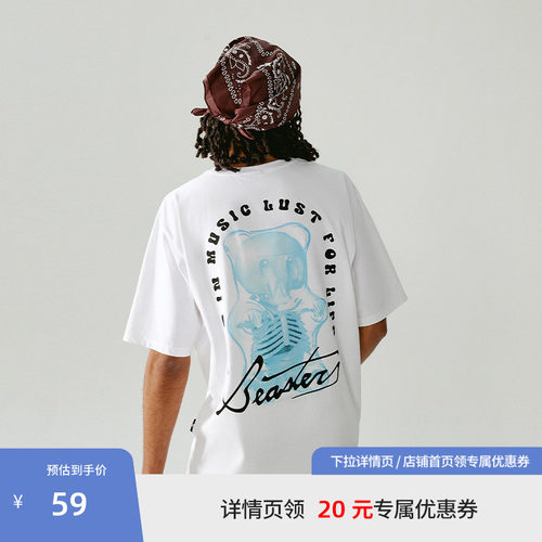 BEASTER骷髅小熊印花T恤男夏季新款纯棉重磅230g圆领短袖上衣