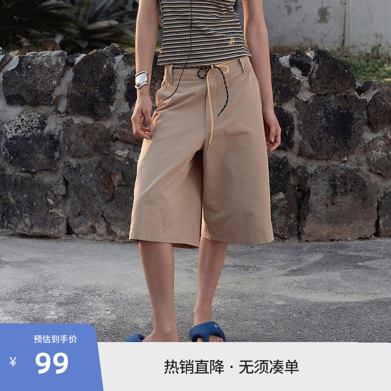 BEASTER卡其色休闲短裤薄女2025夏日度假工装风刺绣百搭五分裤子图片