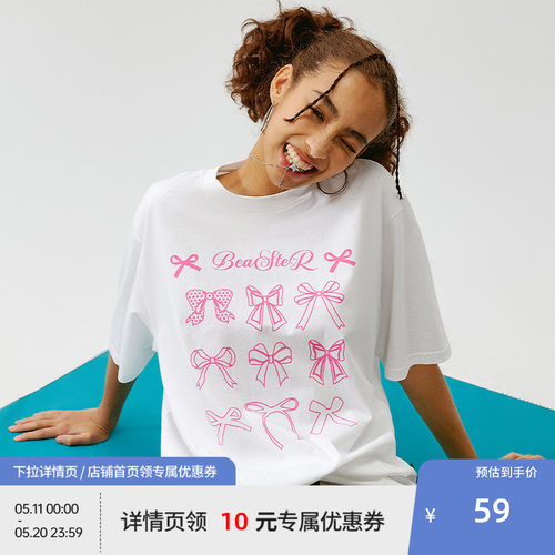 BEASTER蝴蝶结logo印花T恤夏新款纯棉美式休闲潮牌情侣短袖上衣