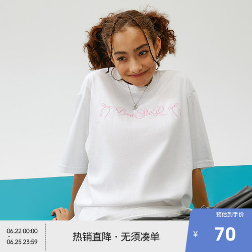 BEASTER蝴蝶结贴布绣T恤夏新款纯棉logo绣花轻薄宽松休闲情侣上衣