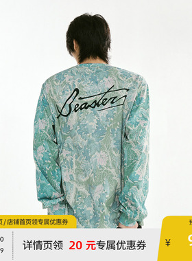 BEASTER树叶花朵满印T恤夏季新款纯棉潮流休闲宽松长袖圆领上衣