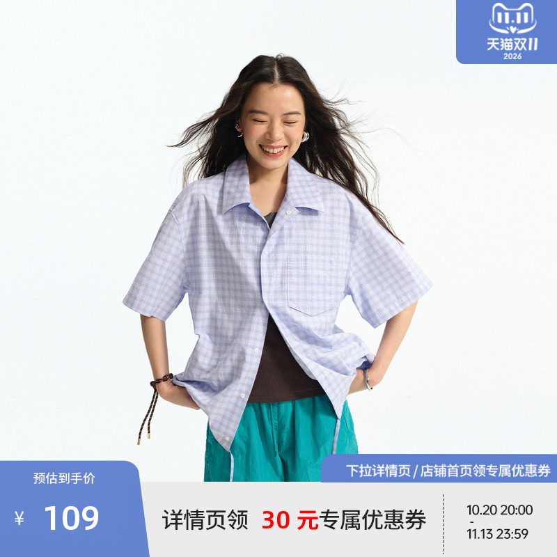 BEASTER下摆抽绳百搭格纹衬衫男美式宽松刺绣logo25新款情侣上衣