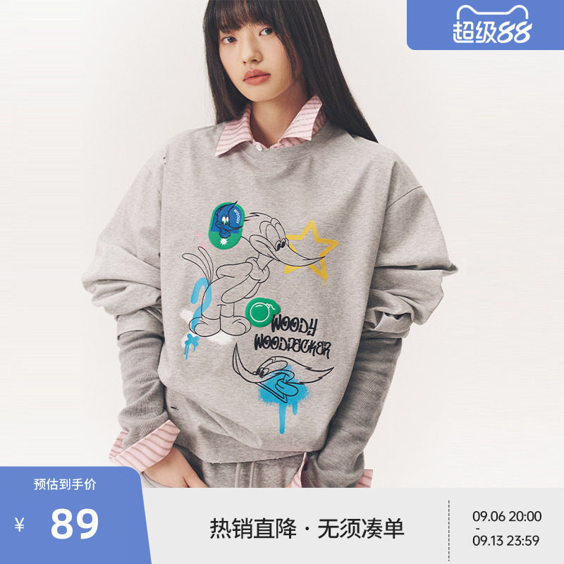【啄木鸟伍迪联名】BEASTER破洞磨损图案长袖T恤女潮流百搭上衣夏