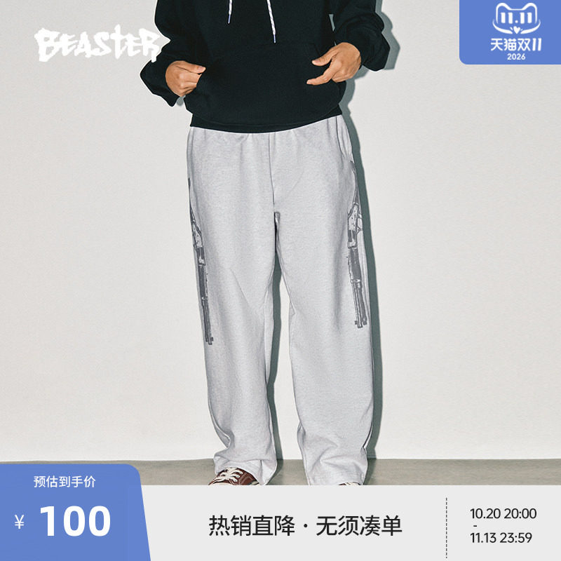 BEASTER奥莱加绒长裤子潮流男冬装枪花反战直筒垂感潮牌运动卫裤