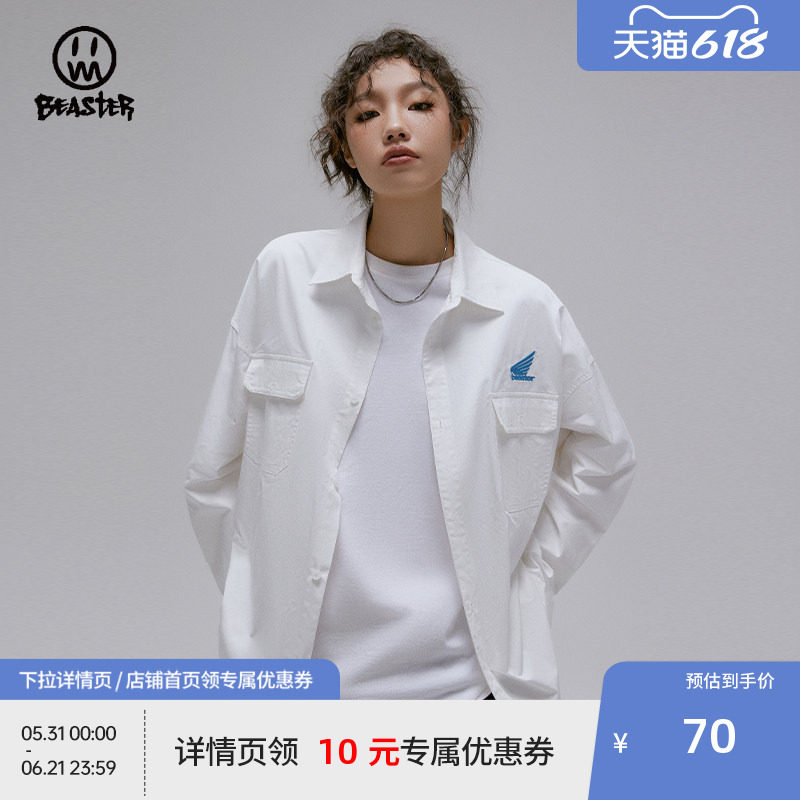 BEASTER奥莱长袖纯棉衬衫男装贴补绣花潮牌复古上衣情侣装
