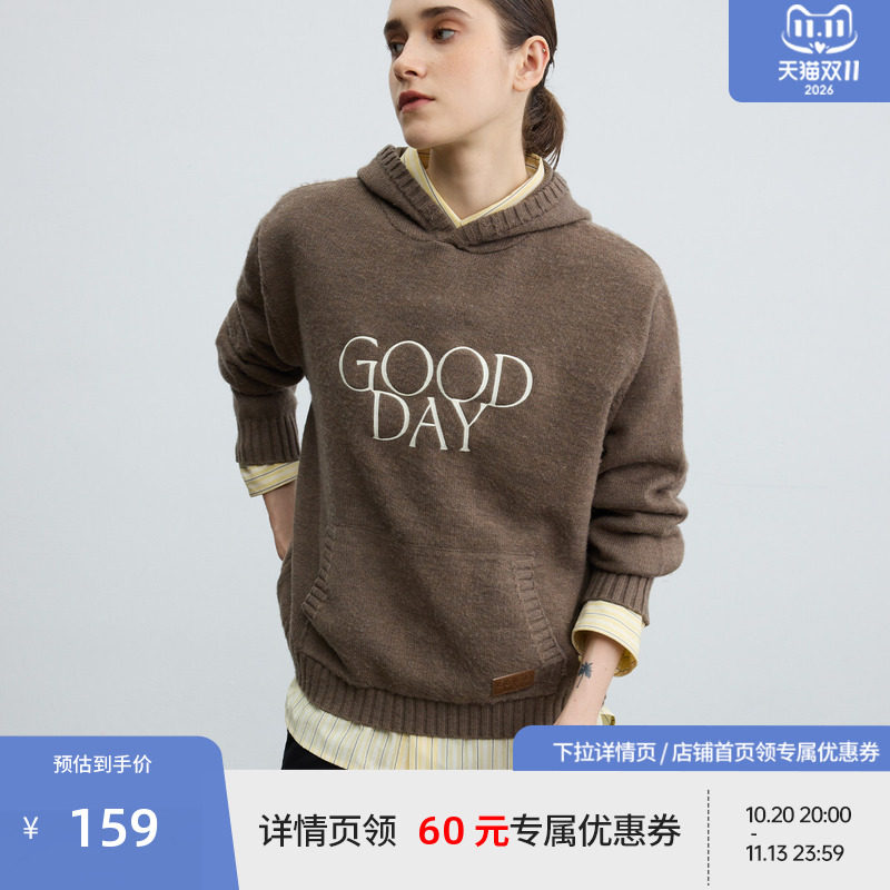 BEASTER美式刺绣连帽毛针织衫男女情侣款秋咖色百搭大口袋毛衣