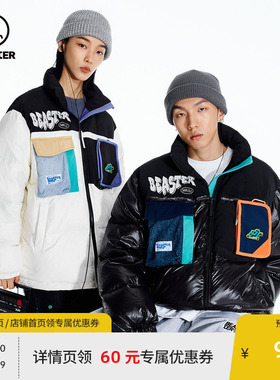 BEASTER奥莱鬼脸水洗牛仔撞色拼接羽绒服街头时尚冬季外套