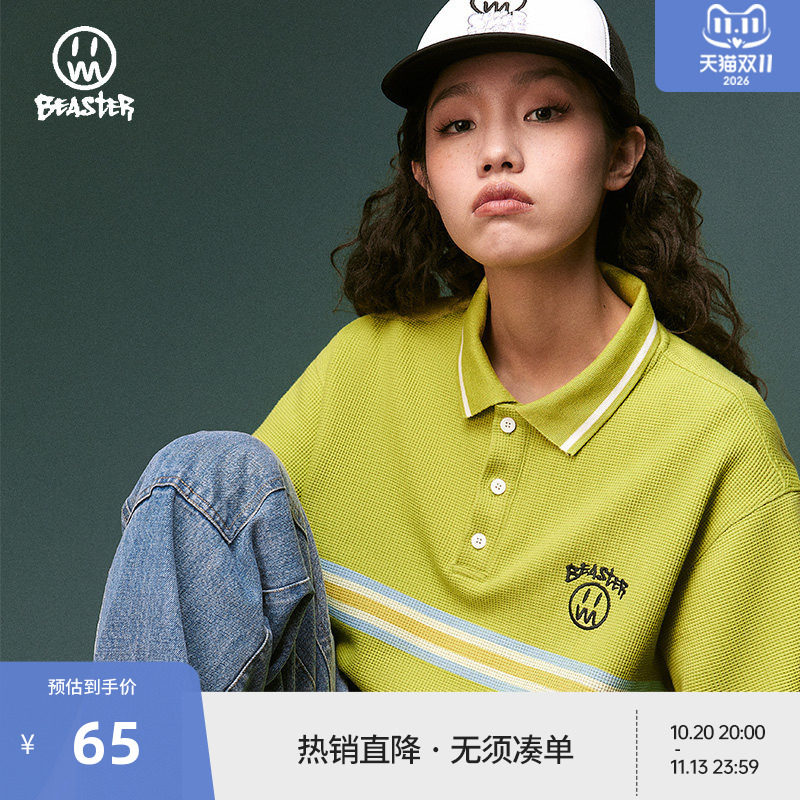 BEASTER重磅条纹印花polo衫男华夫格短袖T恤女美式复古情侣上衣