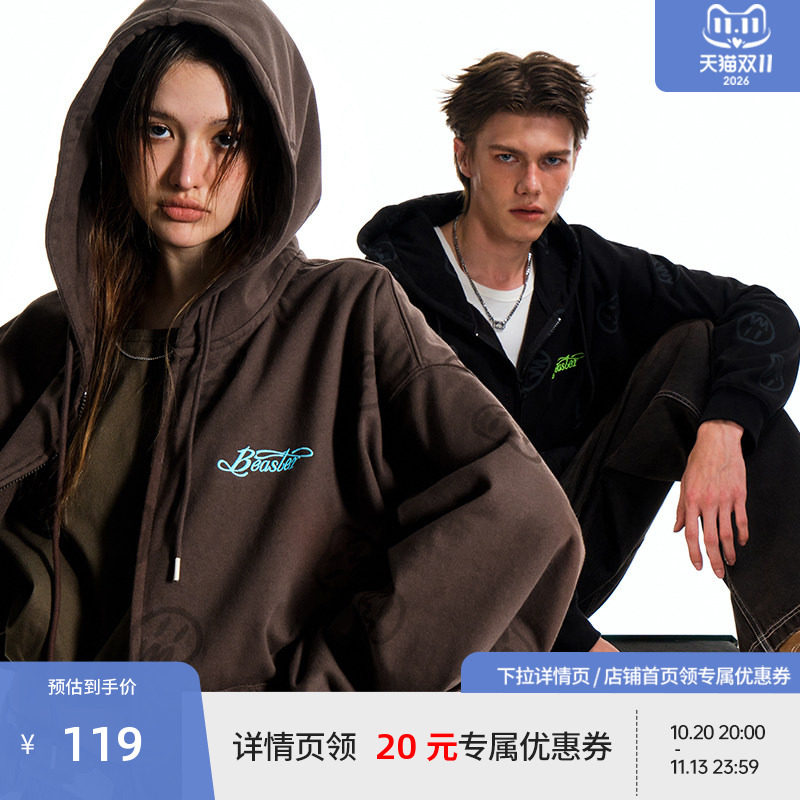 BEASTER小鬼脸满印针织连帽开衫卫衣男美式休闲潮流秋季新款外套