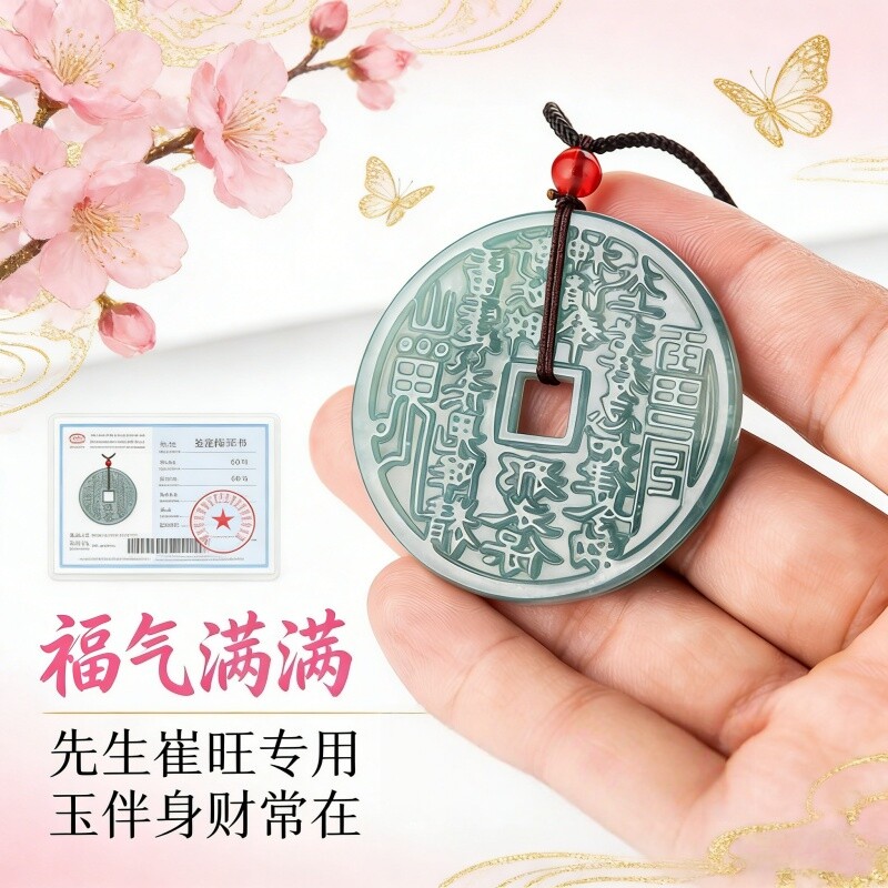 翡翠山鬼花钱吊坠双面雕刻八卦平安扣挂件男女通用项链饰品新中式