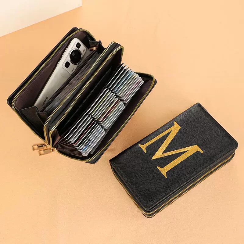 娇雪兰 女士钱包卡包二合一字母手拿包韩系双拉链通勤大容量钱夹