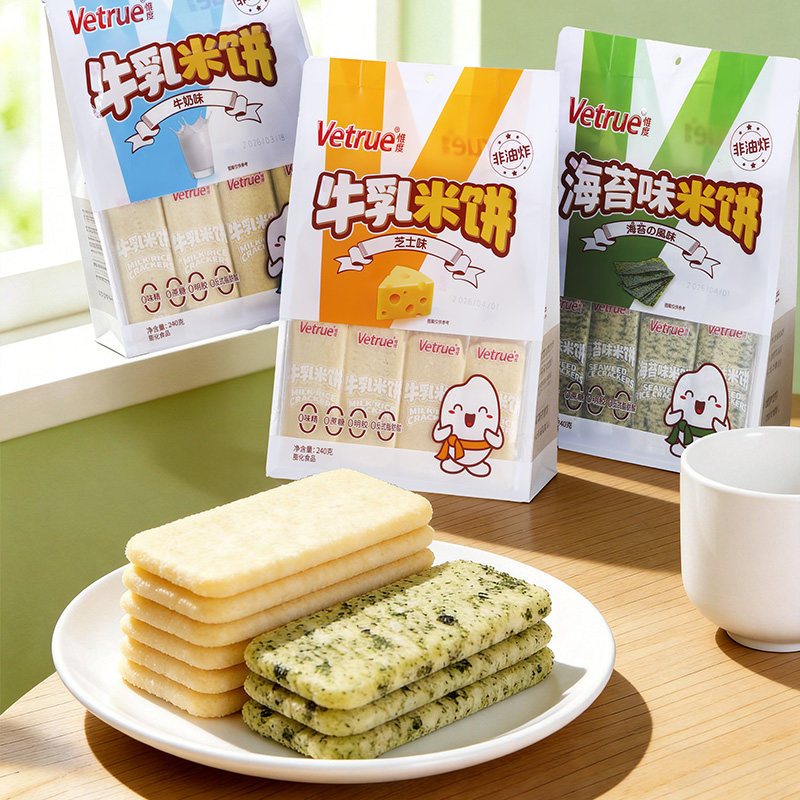 Vetrue惟度牛乳米饼240g芝士味海苔味饼干休闲零食多包装组合装