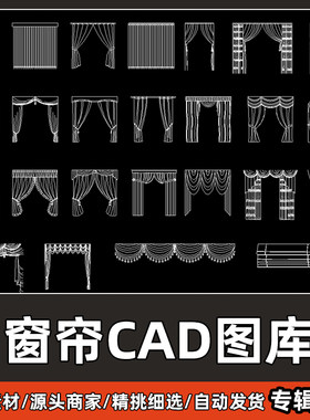 现代欧式室内设计客餐厅卧室窗帘CAD图库卷帘布帘罗马杆立面图块