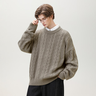 Round Neck Pullover Twisted Swe Thickened Craft Texted Men