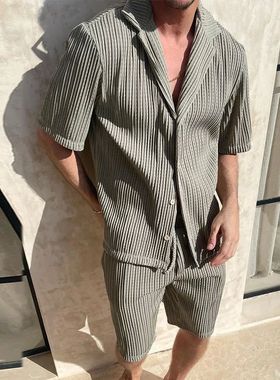 en Sets Summer Casual Short-eeed Shirt Shorts Fashion Stripe