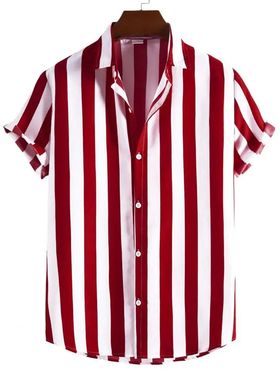 Summer en Shirt Striped Shirts awaii uttons Short Sleee red