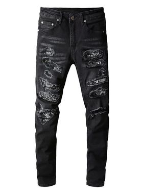 en's andanna aiey rinted atchwork Sretch Jeans Sreetwear la