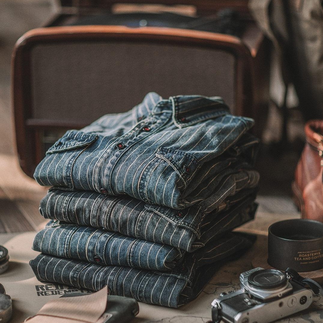 American Retro Vertical Stripe Denim Heavy Ami Khaki Tooling