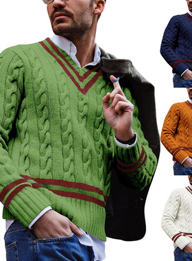 V-neck Men's Striped lor-block Knitted Sweater Fashion Ins M